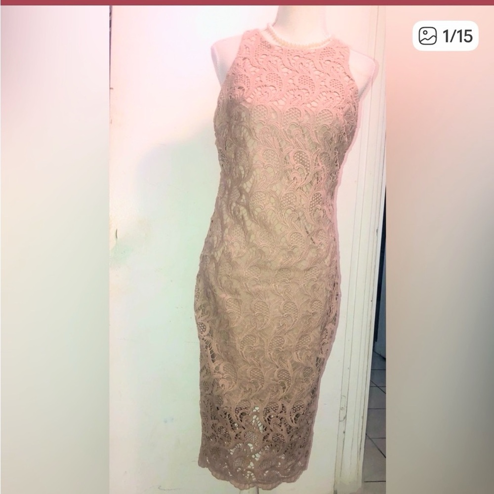 Nude, Lace, Sheath, Sleeveless Racerback, Midi Dress